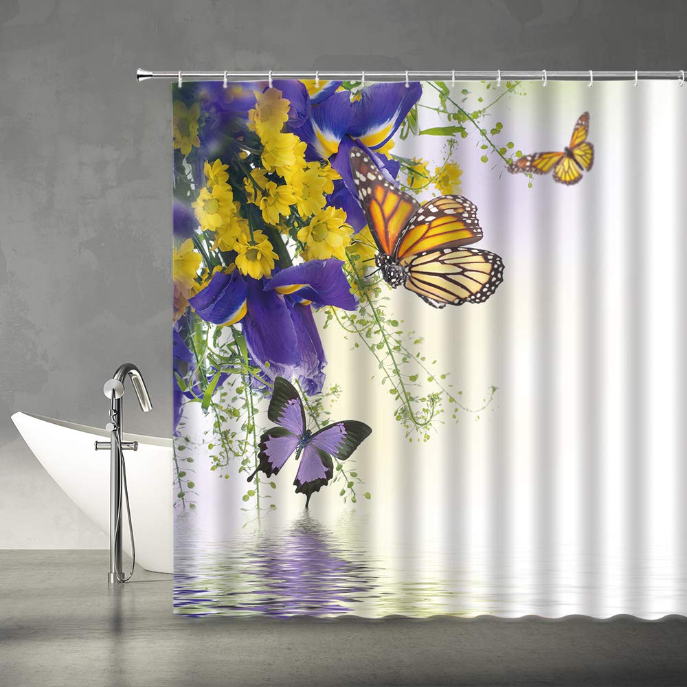 EOBTAIN Zen Duschvorhang Mit Wasserlilien & Schmetterlingen - Wasserdicht, 152x184 Cm, Inkl. 10 Haken