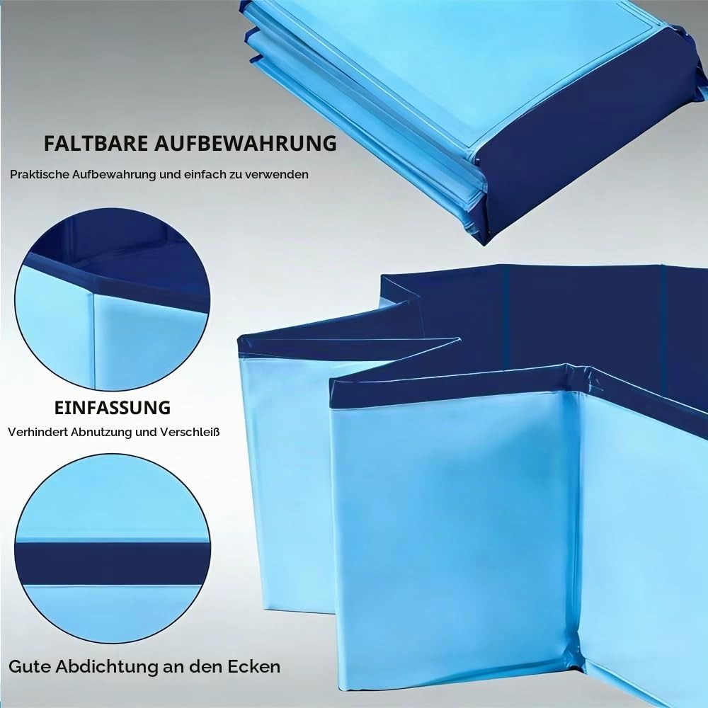 Hundepool 120x30 Faltbar, Hundeplanschbecken, Keine Pumpe benötigt, aus kratzfestem PVC-Material, Anti-Rutsch-Belag & schnelle Entleerung, Hundebadewanne mit Badebürste Ablassventil PVC-Aufnäher x 4