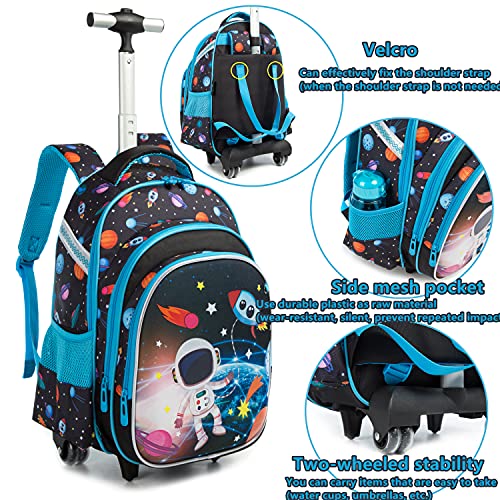 Egchescebo Boys Rolling Backpacks Kids Backpack With Wheels For School Bags Luggage Wheels Trolley Wheeled 3Pcs 16“ Astronaut Pattern Travel Bags Boys Backpack With Lunch Box #TOP5