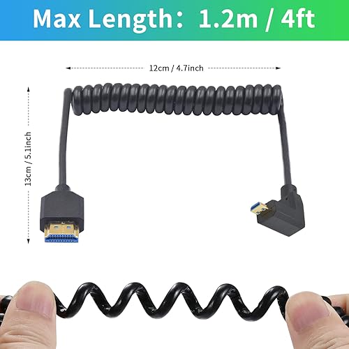 Miniatura 5 de Duttek Cable micro HDMI a HDMI en espiral de 8 K a 60 Hz, 48 Gbps, ángulo extremo delgado hacia abajo de 90 grados HDMI macho a micro HDMI macho