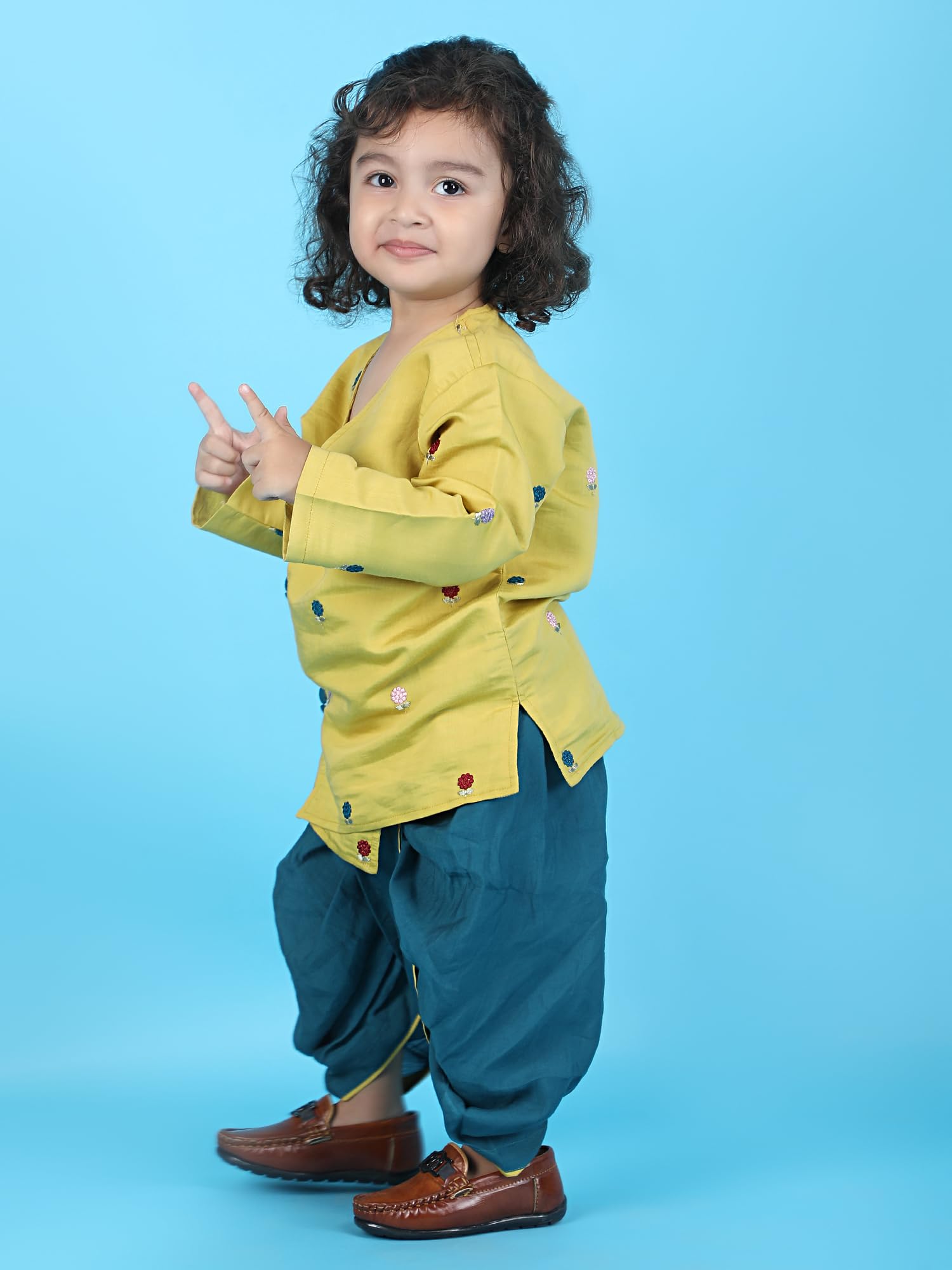 POLKA TOTS Full Sleeve Angrakha Kurta and Dhoti Set - 100% Cotton Traditional Ethnic Wear for Boys Ethnic Print | Baby Boy Kurta Pyjama for Weddings & Festivals (Green Flower Embroidery, 9-12 M) 1