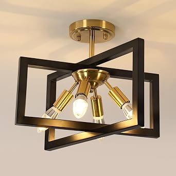 مصباح سقف DELIPOP 4-Light Flush Mount، تركيبات إضاءة إطار معدني مربعة ذهبية من Farmhouse، ثريا سقف للمطبخ وغرفة الطعام والمدخل والممر والجزيرة