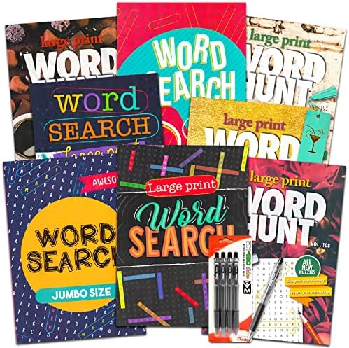 8 Large Print Word Search Books for Adults, Seniors - Set of 8 Jumbo Word Hunt Puzzle Books with Large Print Plus 3 Pens and Bookmark (Over 700 Word Find Puzzles)