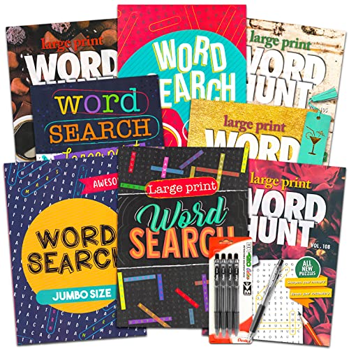 8 Large Print Word Search Books for Adults, Seniors - Set of 8 Jumbo Word Hunt Puzzle Books with Large Print Plus 4 Pens and Bookmark (Over 700 Word Find Puzzles)
