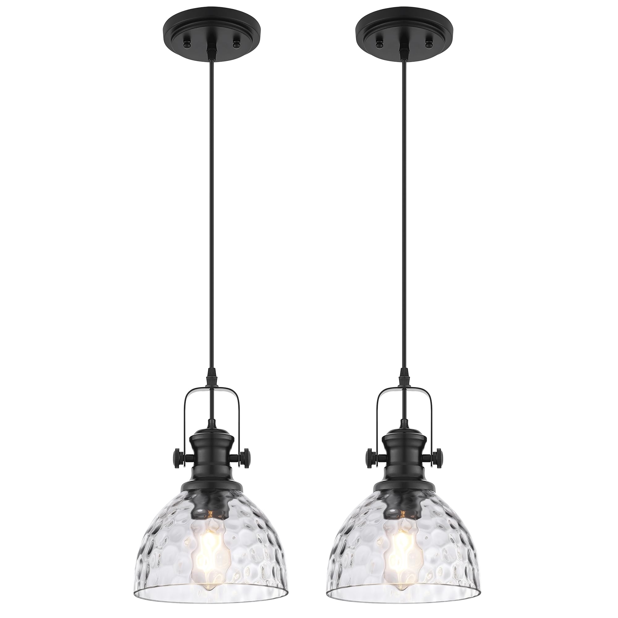 2-Pack 7.5" Black Pendant Light Fixtures, Hammered Glass Shade