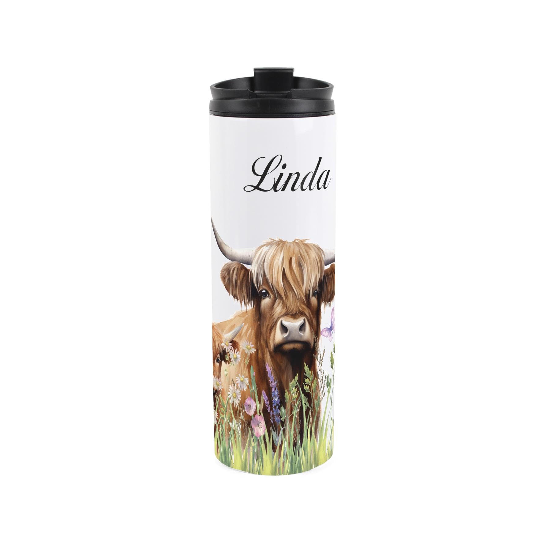 Purely Home Highland Cow Travel Mug - Personalised Cow Mum & Calf Farm Animals Gifts - Reusable Stainless Steel Vacuum-Sealed Double-Walled Drinks Flask 500ml (16 fl oz)
