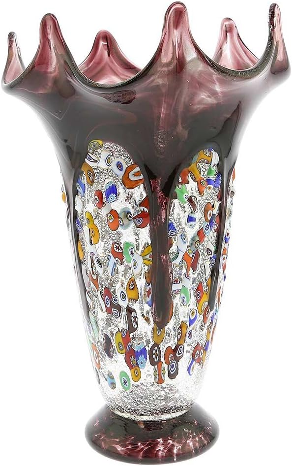 GlassOfVenice Murano Glass Millefiori Fazzoletto Vase - Silver Purple
