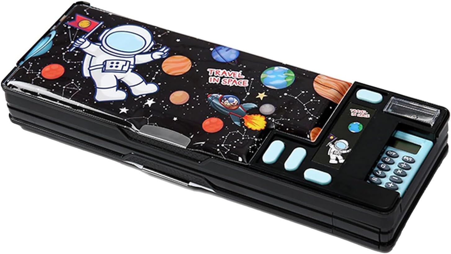 Multifunctional Astronaut Pencil Case with Calculator and Roller Blade, Multifunctional Stationery Organiser, School Stationery Gift Set, Unique, Suitable for Kids Teens (Black)