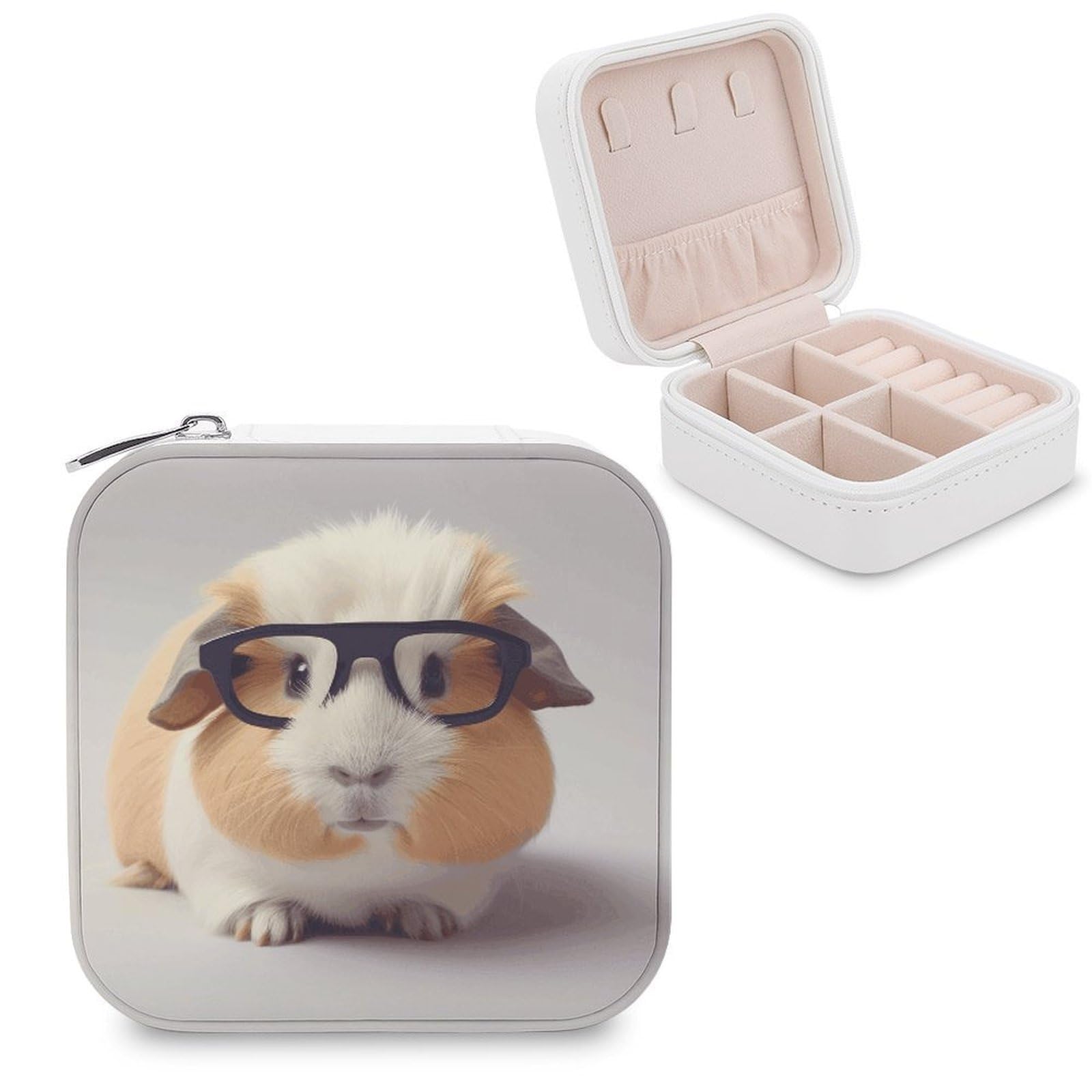 FekiLoot Guinea Pig With Glasses Jewelry Box Custom Jewelry Travel Case Pu Leather Trinket Organizer Box to Organize Ring Pendant Earring Small Portable Jewelry Storage Holder for Women