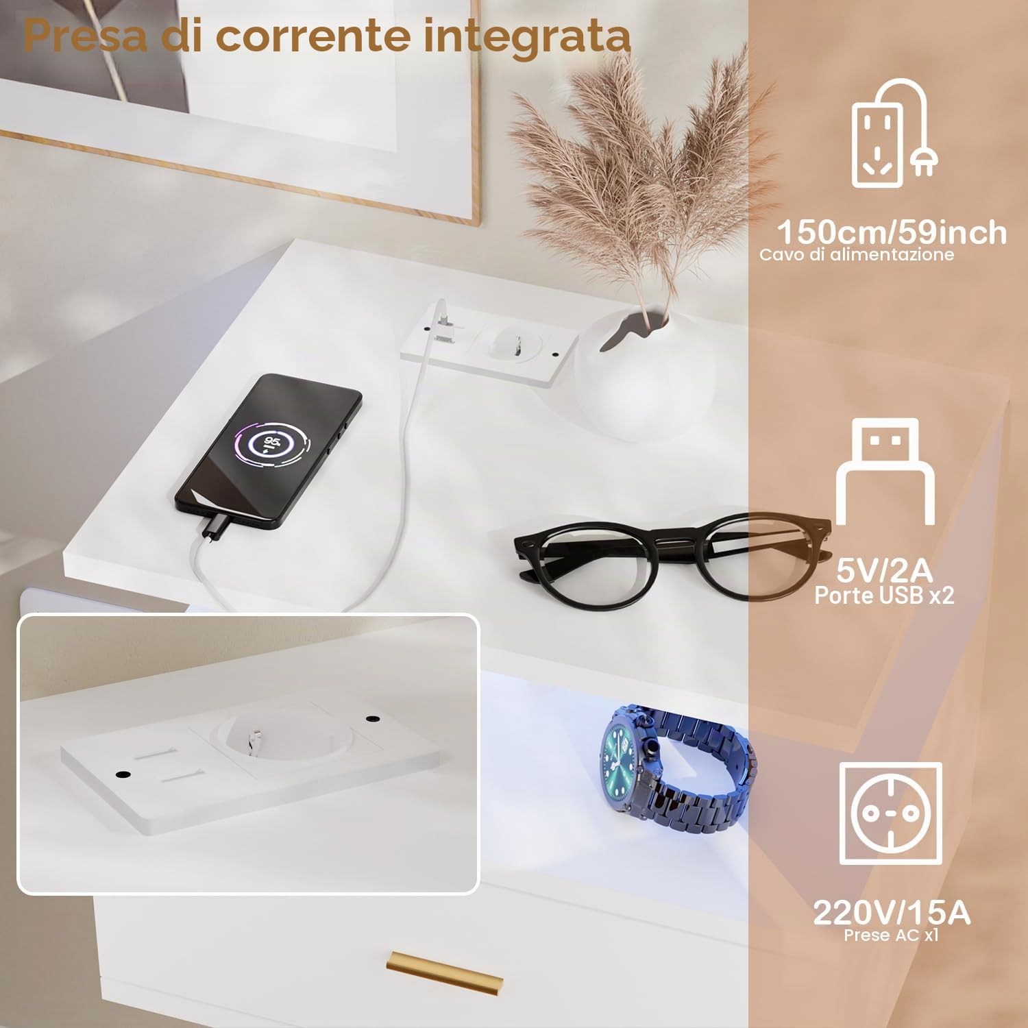 Comodino Sospeso con Illuminazione LED RGB E 1 Presa AC/2 Porte USB,Comodini Sospesi Camera da Letto con 1 Cassetto E 2 Ripiani Aperti, 40 X 30 X 30 cm,Adatto Per Camera Da Letto E Soggiorno(Bianco)