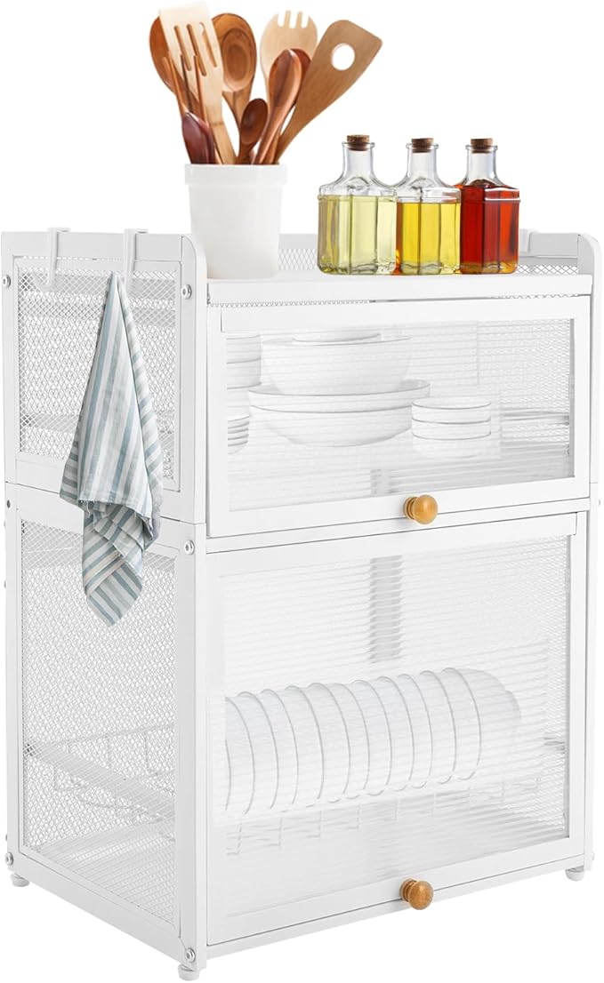 3 Tier Dish Drying Rack Modern Houseware Dish Organizer Cutlery Drainer with Lid Cover Detachable Drip Tray Storage Box Basket for Kitchen Organizing Storage Holder