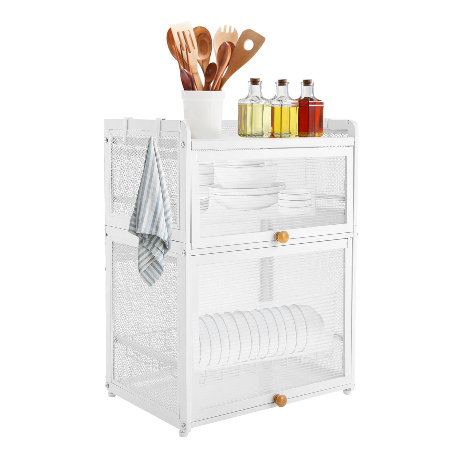 QIUTMER Dish Drying Rack, 3 Tiers Dish Rack for Kitchen Counter, Dish Organizer Cutlery Drainer with Door and Detachable Drip Tray, Modern Free-Standing Storage Box Basket for Bowls, White