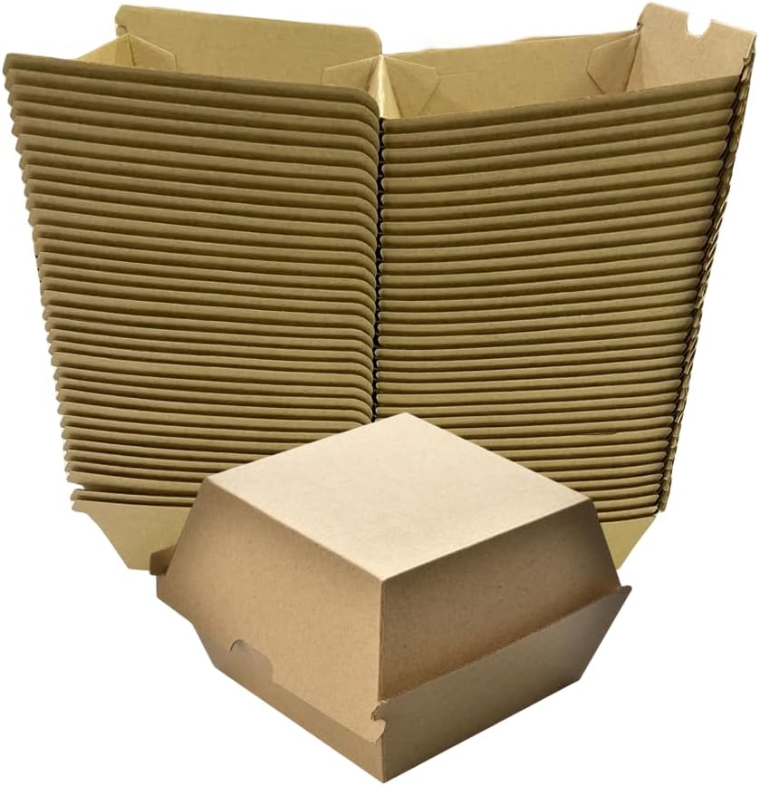Hewnda 50 Pack 4 x 4 Inch Clamshell Takeout Tray,Microwaveable paper hinged containers,Clamshell Food Containers, Burgers,Sandwich, Cookies Take-Out Container (Brown)
