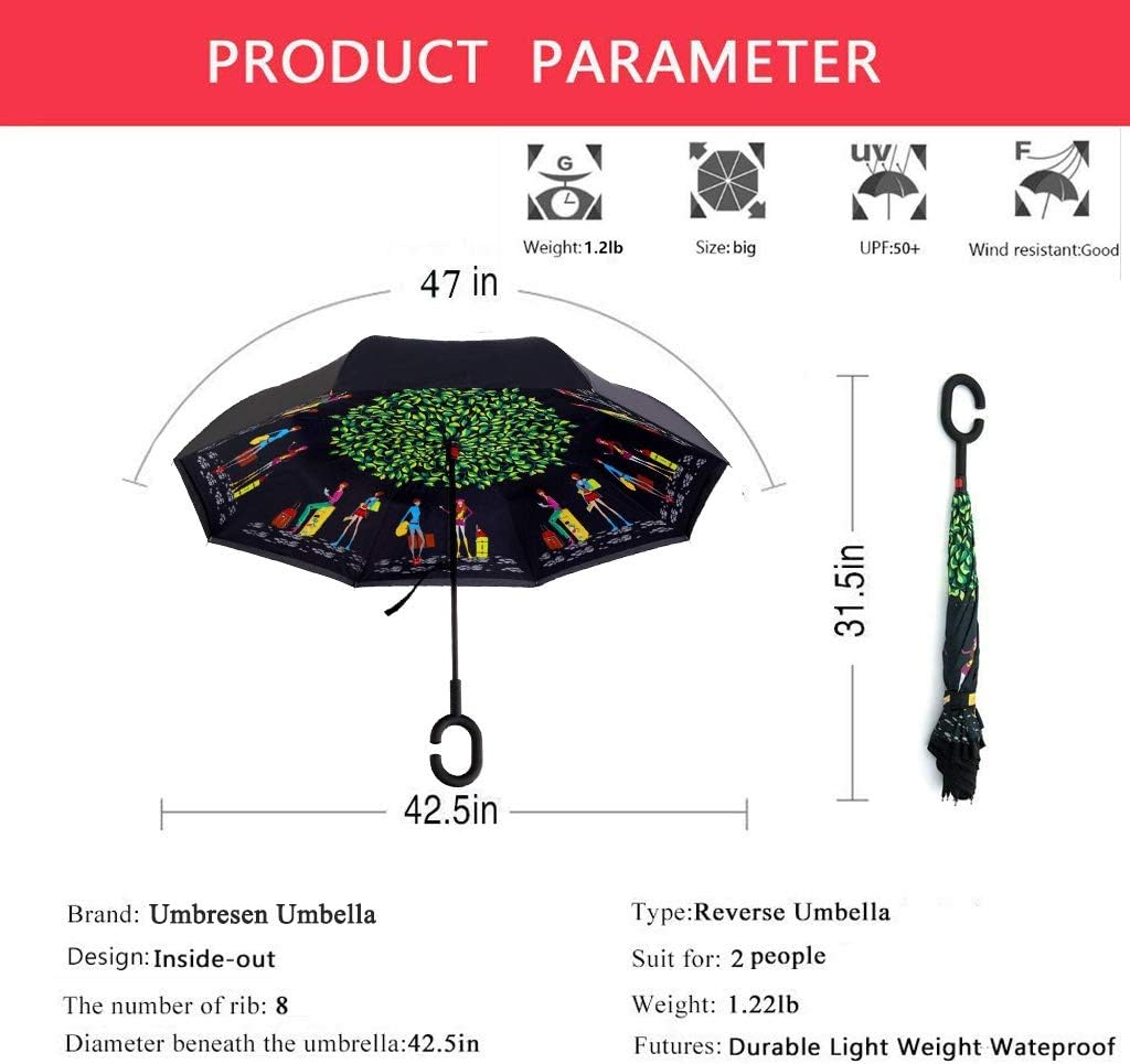 umbresen Double Layer Inverted Umbrella Cars Reverse Open Folding Umbrellas, Windproof UV Protection Large Self Stand Upside Down Straight Umbrella for Golf Women and Men With C-Shaped (travel)