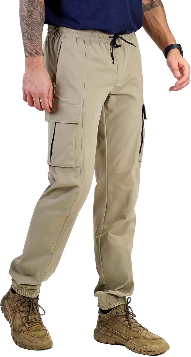 Men's Work Pants, Relaxed Fit Elastic Waist Drawstring, Multi Cargo Casual Carpenter Construction Work Utility