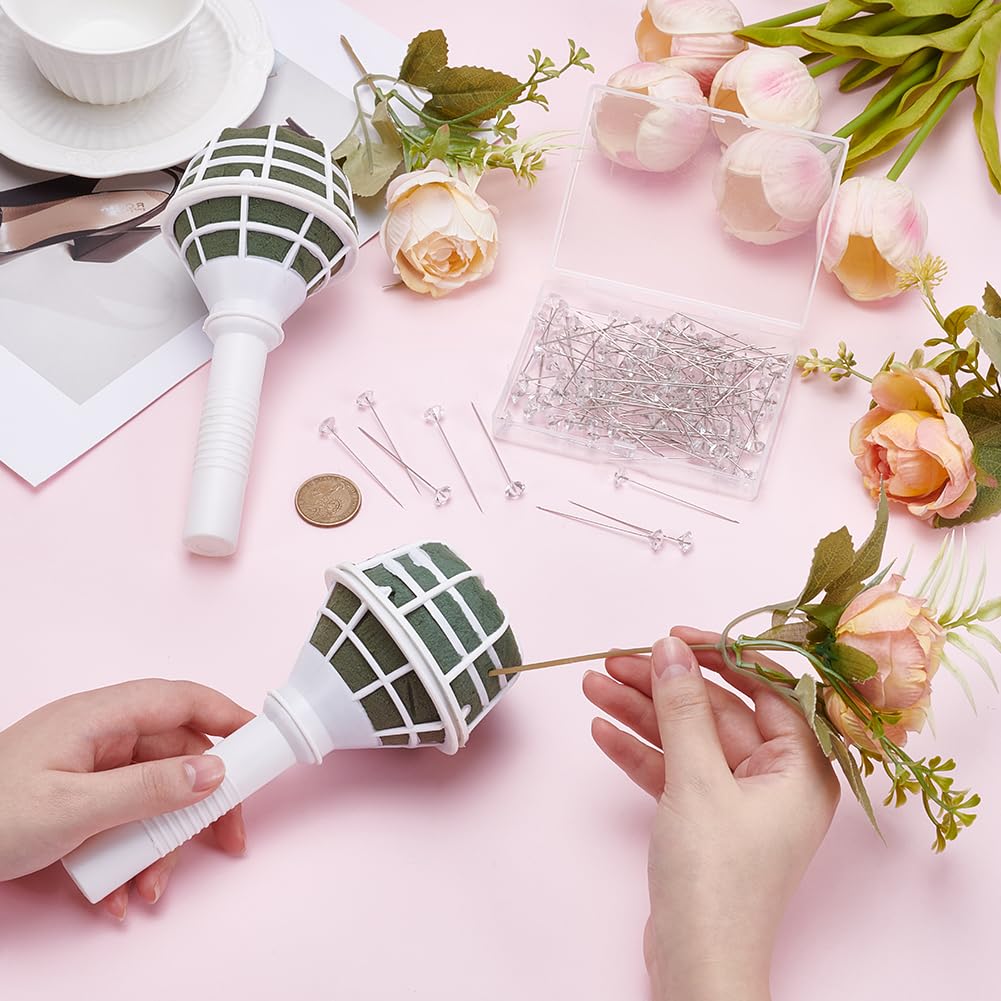 2 Stück 7 Zoll Brautstraußhalter Hochzeitsstraußgriff mit 100 Strassstecknadeln Diamantweiße und Grüne Blumennkunststoffgriffe für Frische und Künstliche Blumennarrangements Hochzeitszubehör