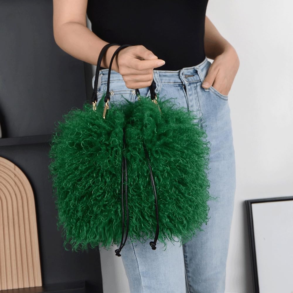 Fur Purse Mongolian Tote Bucket Bag Drawstring Fluffy Fuzzy Furry Top Handle Shoulder Bag Soft Winter Handbag