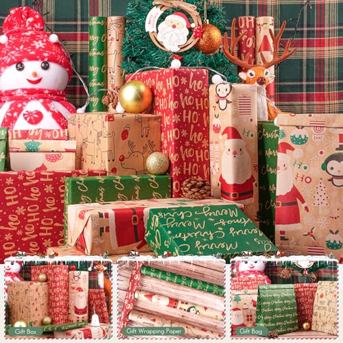 Happypapa Christmas Wrapping Paper, Kraft Xmas Wrapping Paper Rolls - Santa Claus, Gift, Reindeer and Merry Christmas Pattern - 4 Rolls - 17 Inch × 120 Inch Per Roll by Happypapa - Image 3