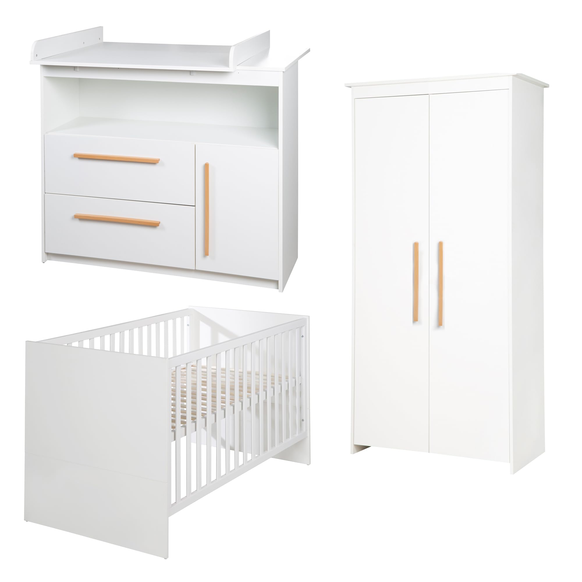 roba Kinderzimmer Set Lilo - Mitwachsendes Gitterbett 70 x 140 cm + Wickelkommode mit 2 Schubladen & 1 Tür + Kinderkleiderschrank 2-türig - Griffe aus Buche - Holz weiß lackiert