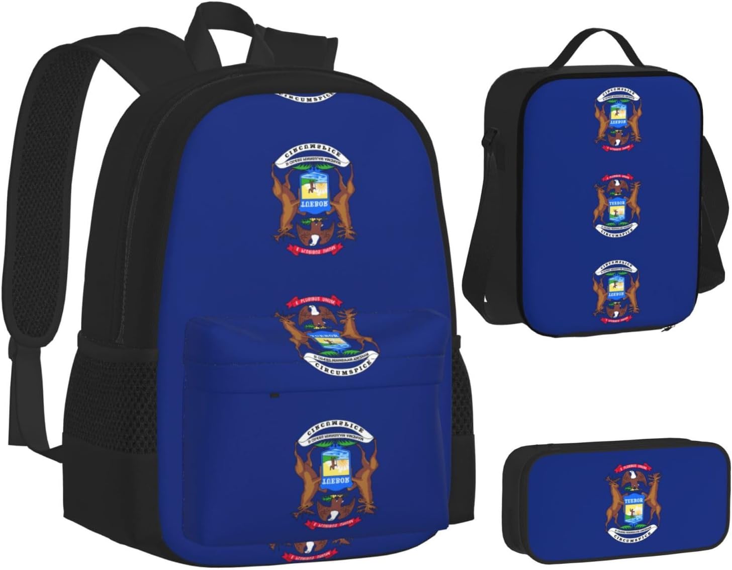 Michigan State Flag Print 3 In 1 Set With Lunch Box Pencil Bag Backpack Set Computer Bag Casual For Gym Beach Travel