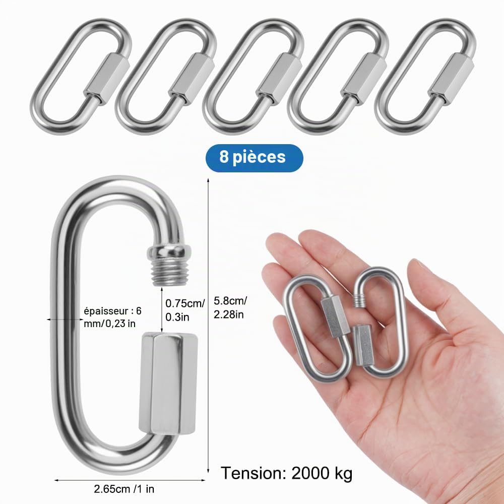 8 Pièces Maillon Rapide Mousqueton à Vis Manille INOX φ6 mm | Capacité de Charge 2000 Kg, Mousquetons en Acier Inoxydable Rapide Fixation pour Extérieur, Camping Tentes, Randonnée