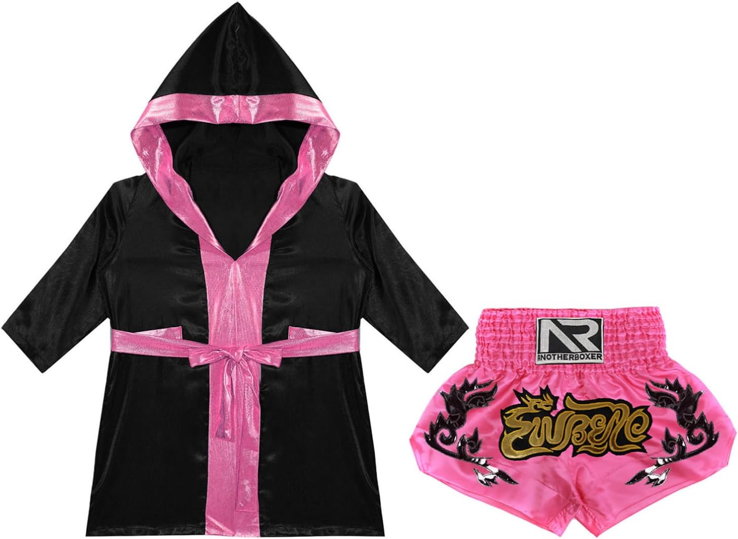 TiaoBug Child Boxing Costume Outfits Open Front Metallic Trim Satin Belted Robe Hooded Cloak with Shorts Set