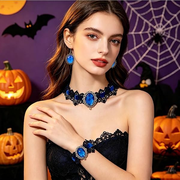 WCRAZYE Gothic Lace Choker Necklace Earrings Bracelet Victorian Vampire Jewelry (Black, RED) by WCRAZYE - Used condition - Image 3