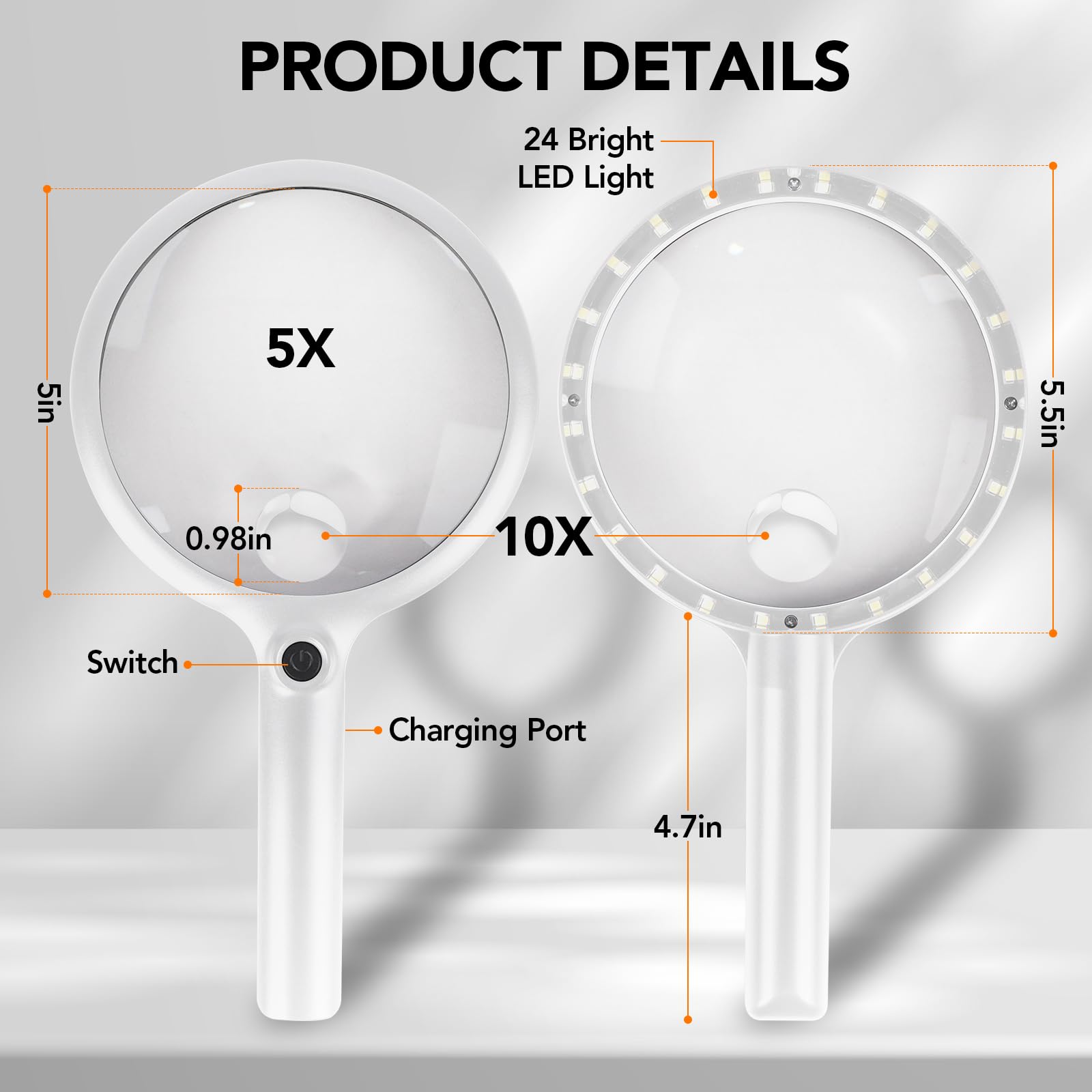Lupa recargable de 2000 mAh con luz, lupa grande iluminada de mano 5X/10X, 24 LED, 3 modos de luz, ayuda de lectura para personas mayores y baja visión (blanco)
