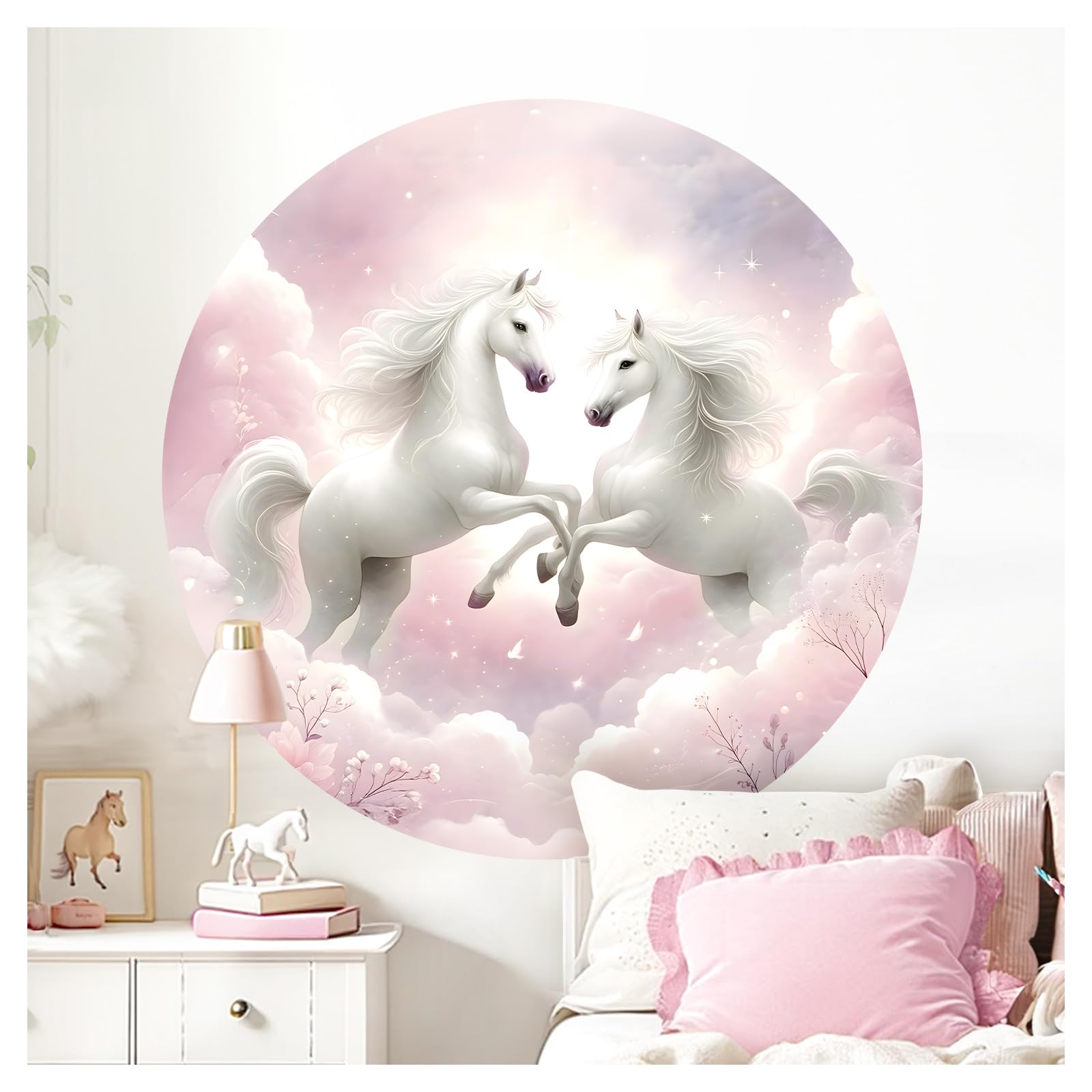 Sticker mural rond motif chevaux format XXL rose Little Deco design romantique