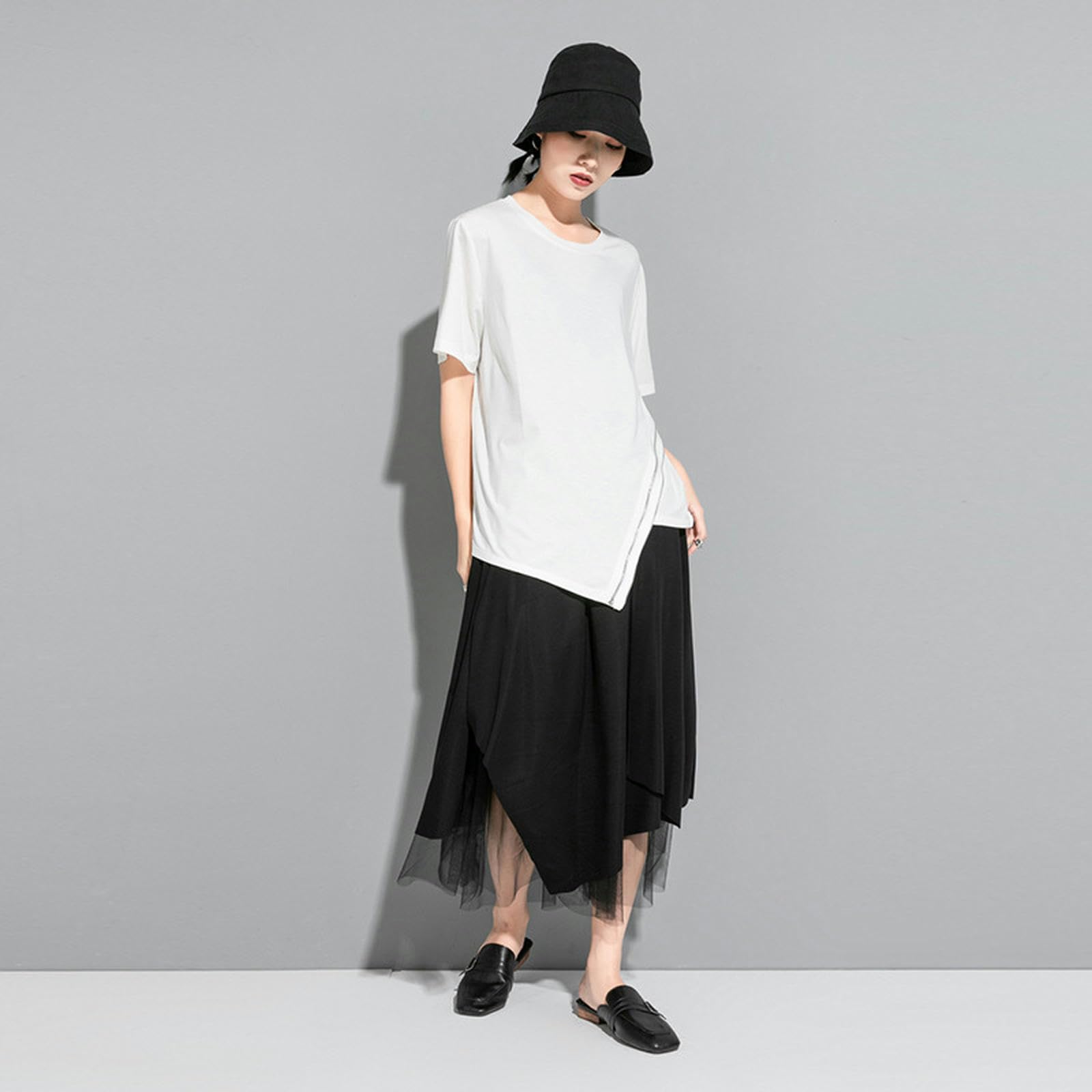 T-Shirt da Donna Estiva T-Shirt Allentata Elastica a Maniche Corte con Cerniera Asimmetrica Dimagrante per Donna-Bianco-M