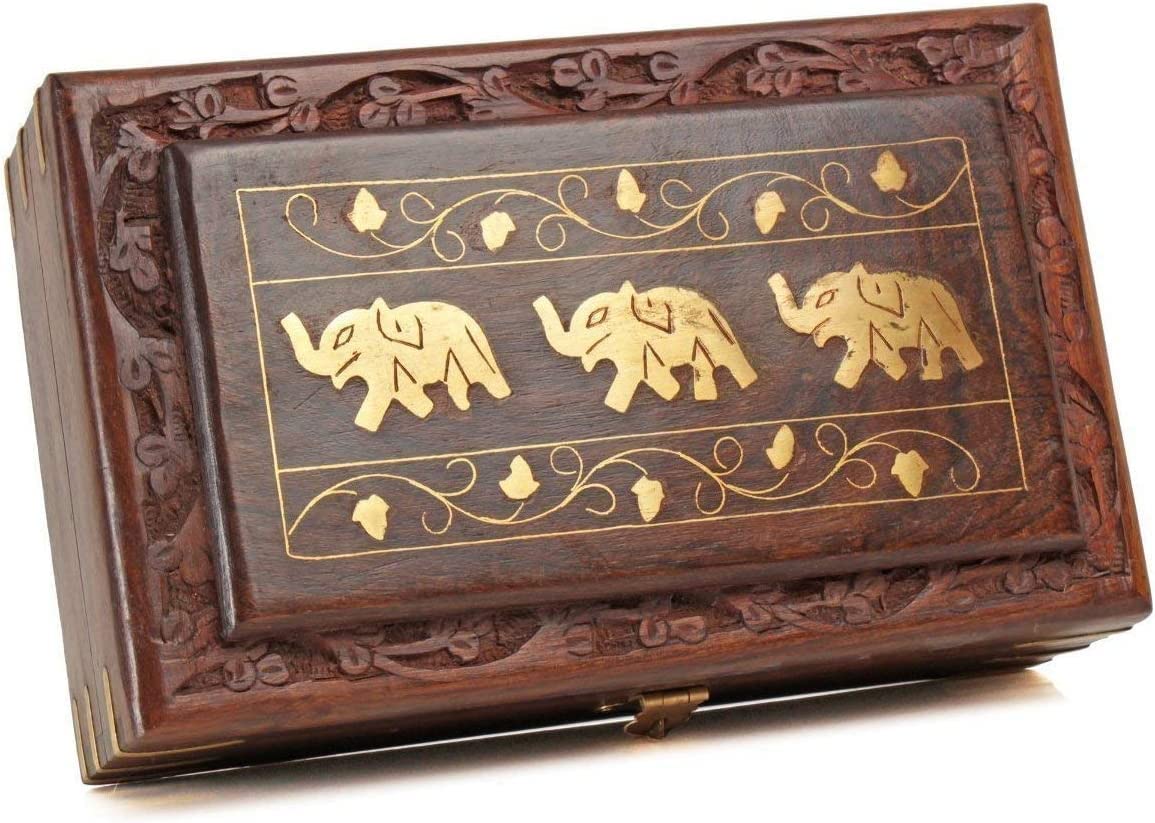 GURU JEE Wooden Jewellery Keepsake Storage Box With Hand Carved Floral Design And Brass Inlay On Lid Decorative Gifts (3EL_8x5)