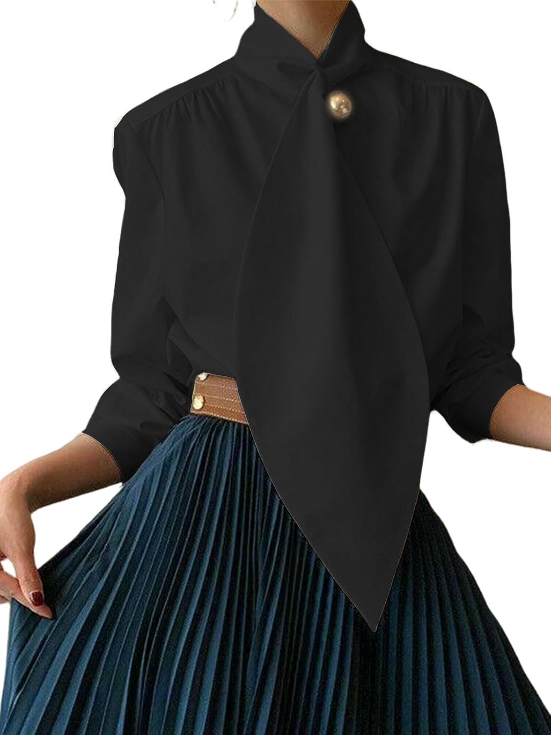 UOOZEE Women's Long Sleeve Button Down Tie Neck Blouse Dressy Casual Formal Office Work Shirt Tops