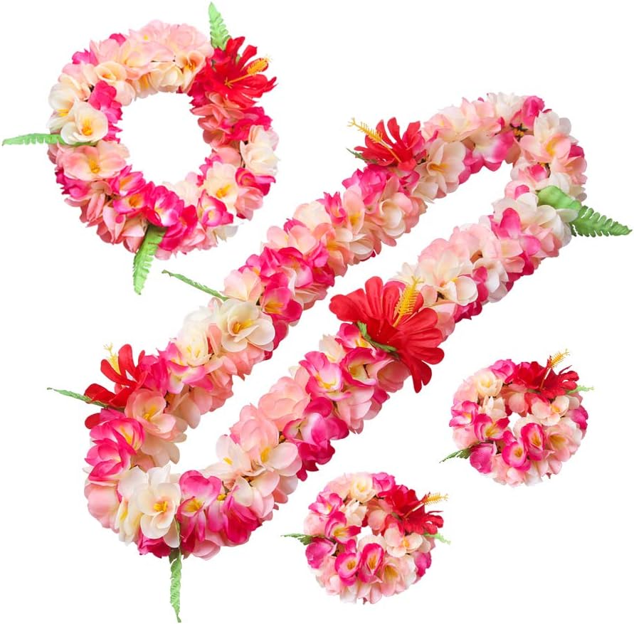 Hawaiian Luau Flower Leis Jumbo Necklace Bracelets Headband Set Mahalo Floral Leis (Pink and Rose red)