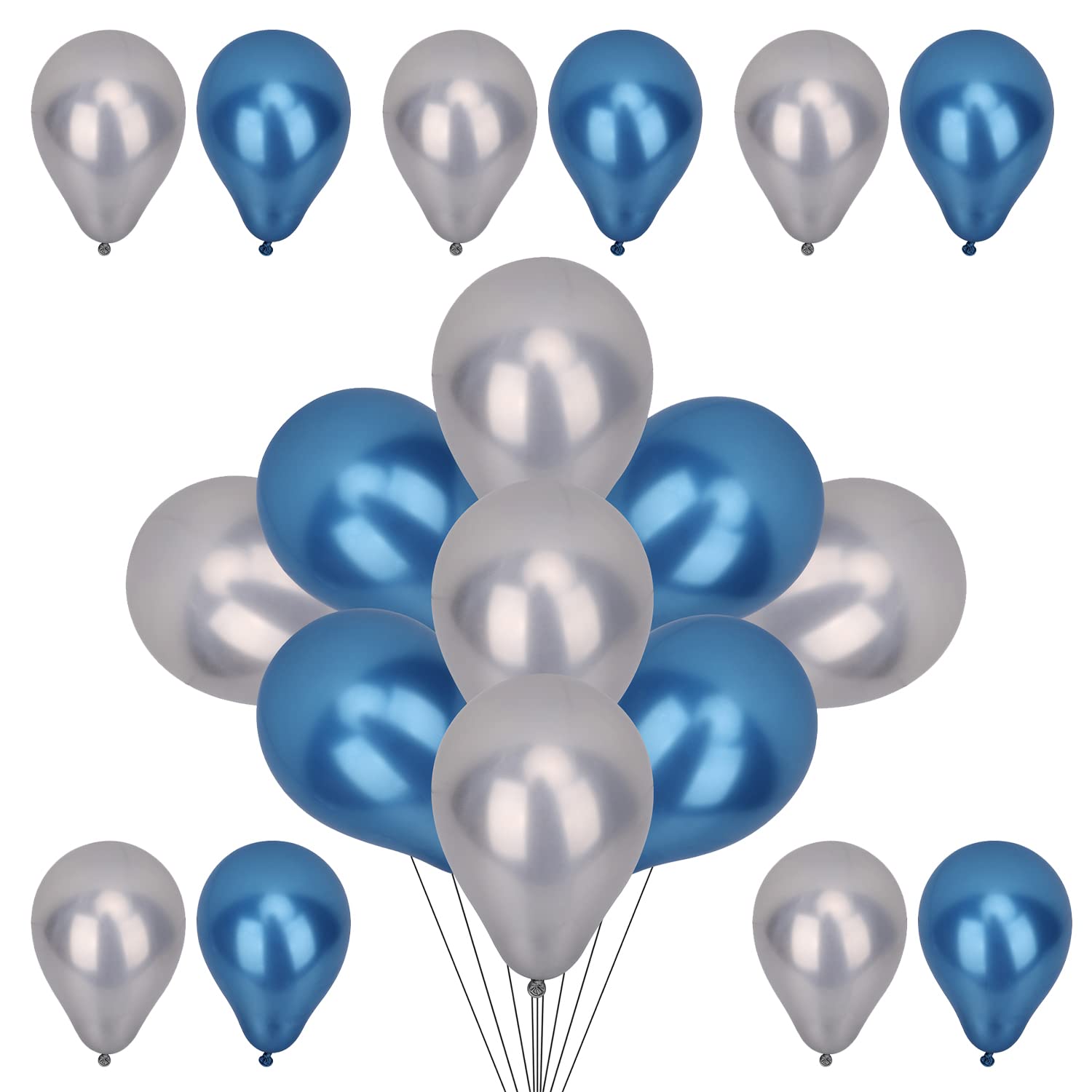 WedDecor Metallic Balloons, 100pcs 10 Inch Shiny Mixed Blue & Silver Balloons for Birthday, Baby Shower, Wedding, Little Mermaid Parties, Festivals Carnival Party Decorations