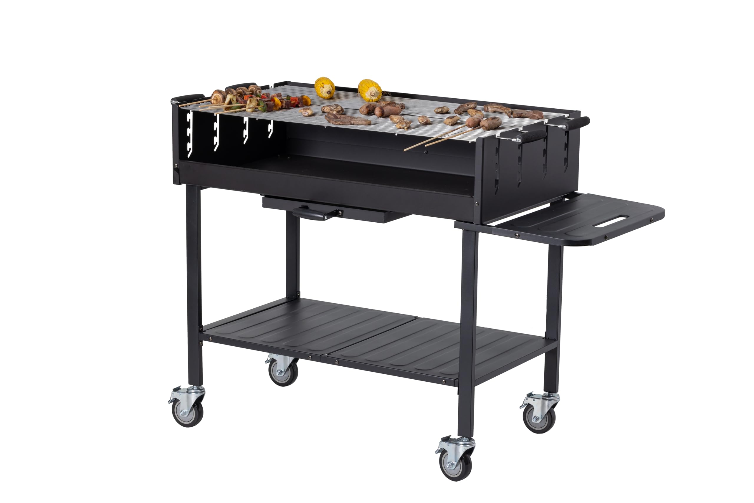 METRO Professional Barbacoa de Carbón con Ruedas, Acero/Acero inoxidable, Rejillas Ajustables, Mesa lateral, Funda Protectora, Negro