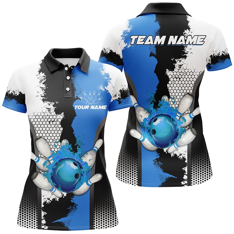Schwarz-Weißes Bowling Liga Trikot mit Feuerdesign, Personalisiertes Herren & Damen Polo & Viertelreißverschluss Shirt, Geschenk für Bowlerinnen | Blau N7189