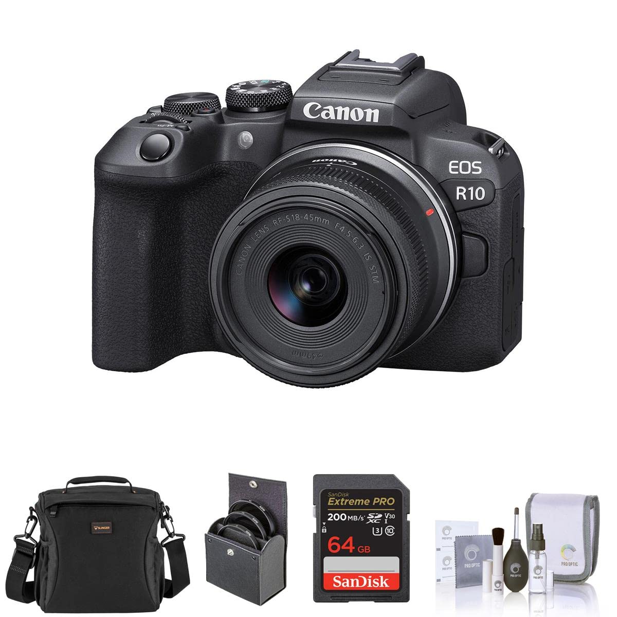 Canon EOS R10 Mirrorless Camera with RF-S 18-45mm f/4.5-6.3 is STM Lens, Bundle Memory Card, Shoulder Bag, 49mm Filter Kit and Cleaning