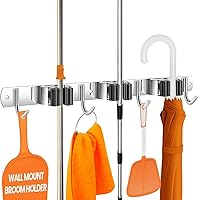 TheGoodStuff Compact Mop Broom Holder Wall Mount - Stainless Steel 3 Racks 2 Hooks Rust-Resistant Organizer for Closet Garage Kitchen RV