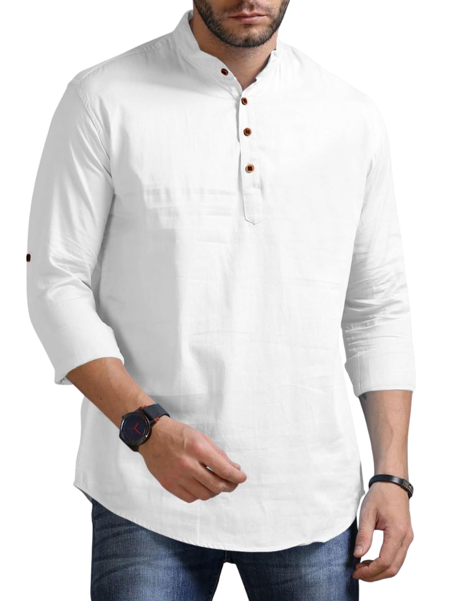 U.S. Polo Assn. Men's Solid Cotton Blend Regular Fit Mandarin/Chinese Collor Full Sleeve Straight Short Kurta Shirt in neutral