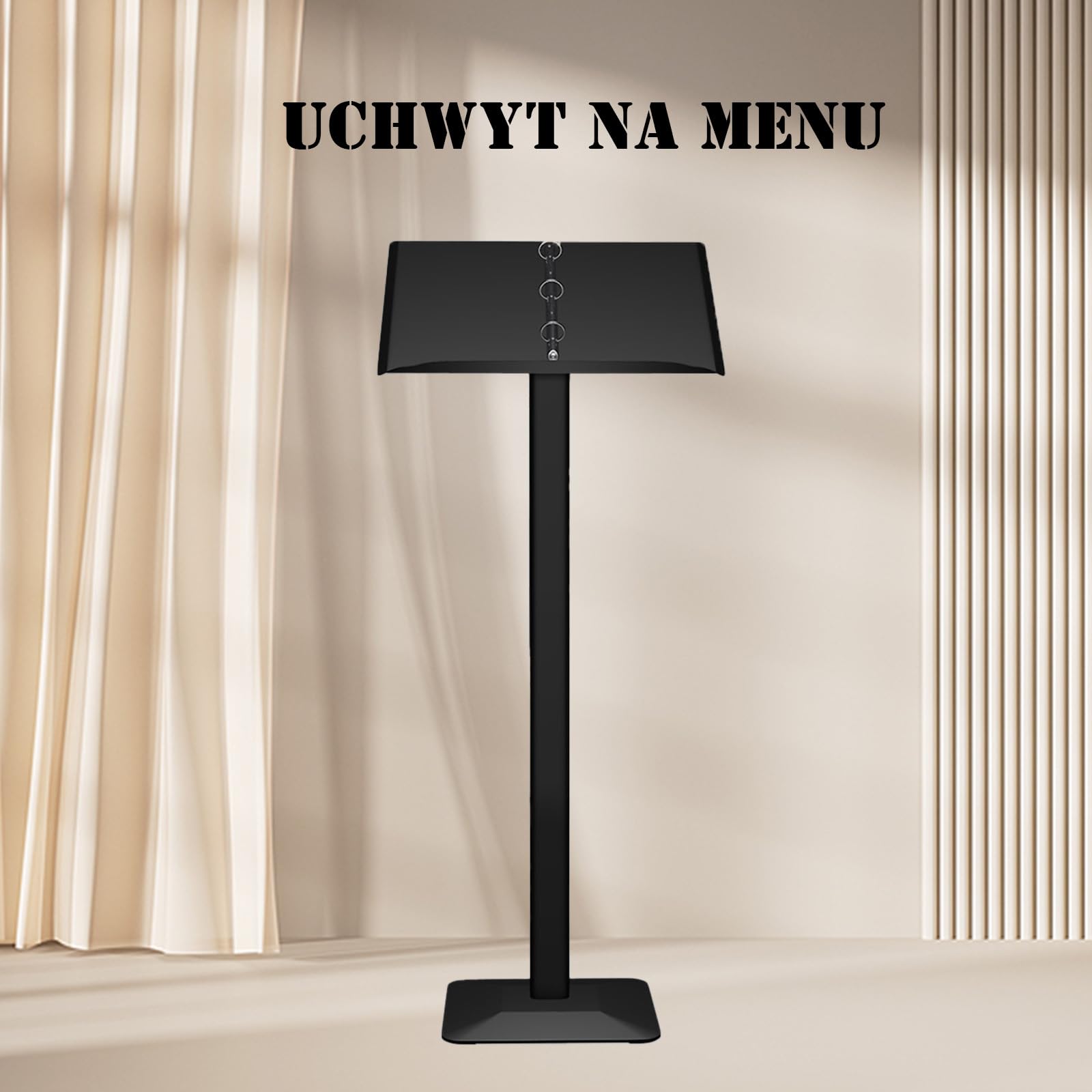 Stojak na informacje, czarny, Rozmiar panelu informacyjnego (490 x 355 mm), stojak reklamowy, stojak na plakaty, Półką na prospekty miejsce na karty menu, Do menu, informacji, broszur (czarny)