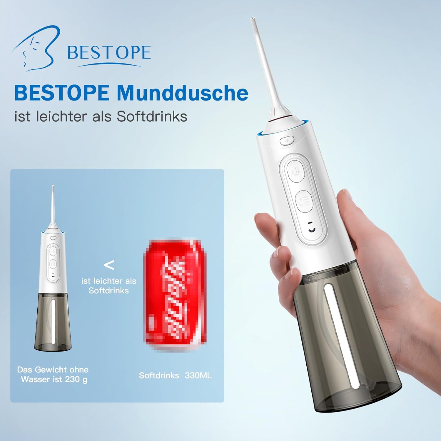 Images showing how to easily fill and clean the water tank of the flosser