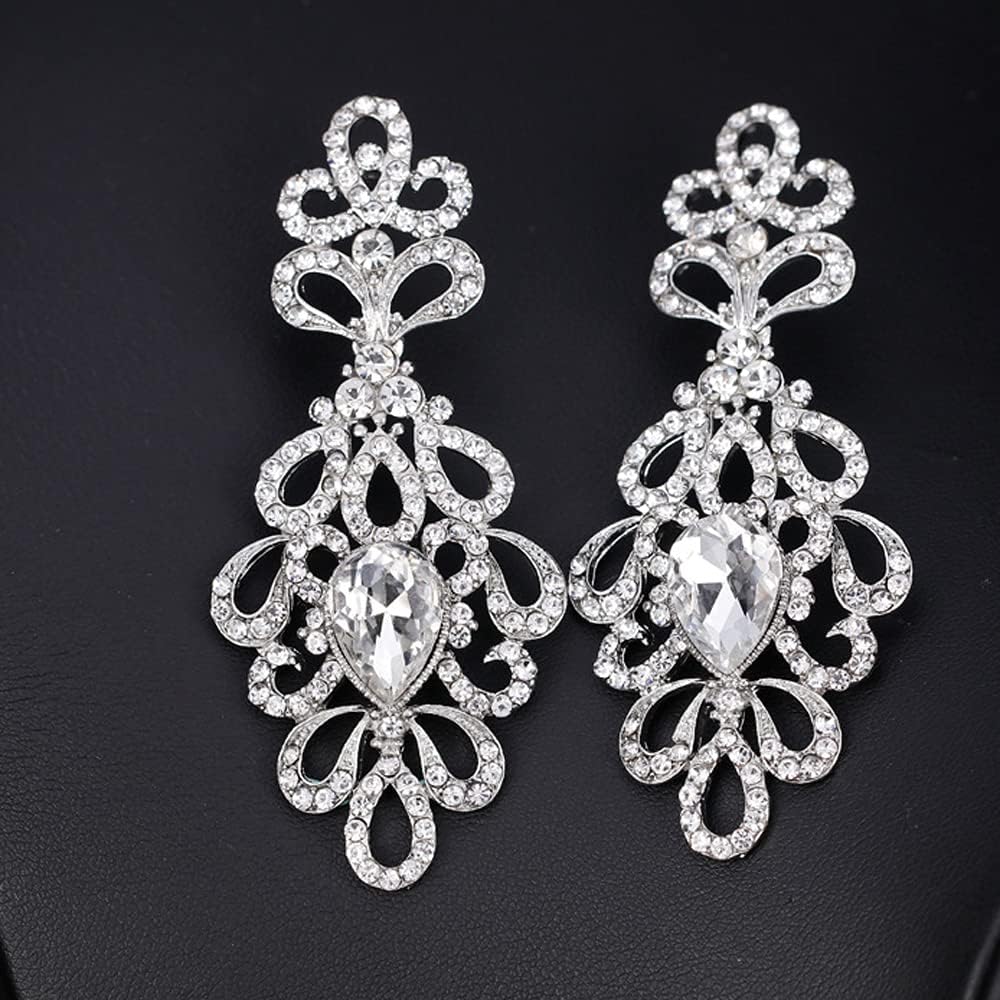 JWICOS Silver Floral Crystal Rhinestones Teardrop Dangle Earrings for Women Brides Chandelier Bridal Wedding Earrings Accessories - Image 5