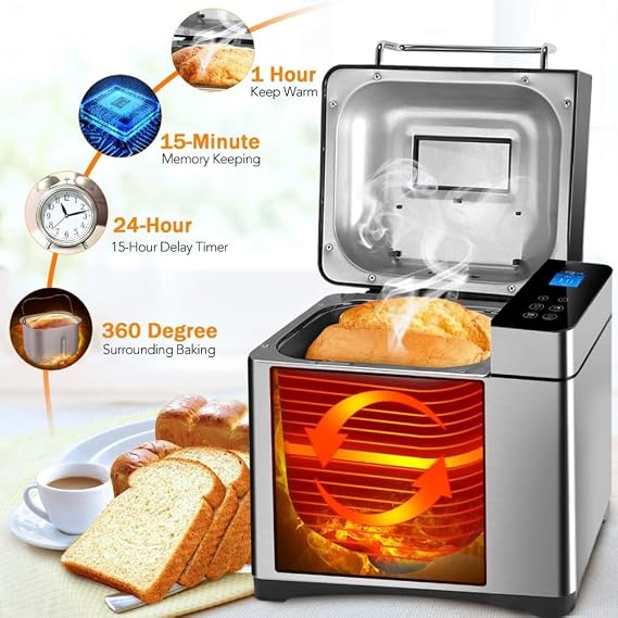Bread Maker, 17 in 1 Fully Automatic Bread Maker, Digital Touch Panel 2LB Stainless Steel Bread Machine, 15 H Timer,1 H Keep Warm