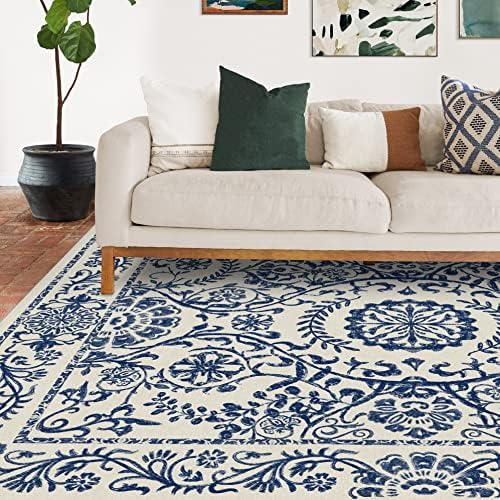 RUGGABLE Delphina Washable Rug - Perfect Vintage Area Rug for Living Room Bedroom Kitchen - Pet & Child Friendly - Stain & Water Resistant - Delft Blue 8'x10' (Standard Pad)