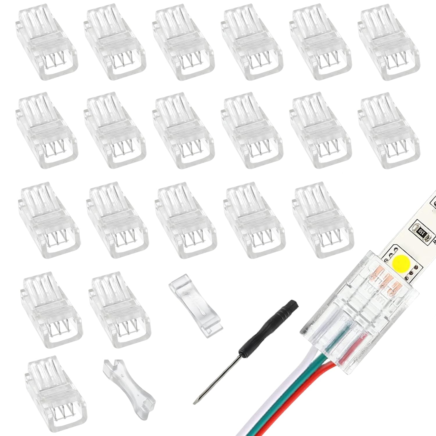 EPLZON 3 Pin 8 mm LED Strip Connector LED Light Connector Strip to Wire Quick Connector RGB Lights Adapter Clear Unwired Gapless Track Lighting Connector for 5050 LED RGB Strip Light(20pcs)
