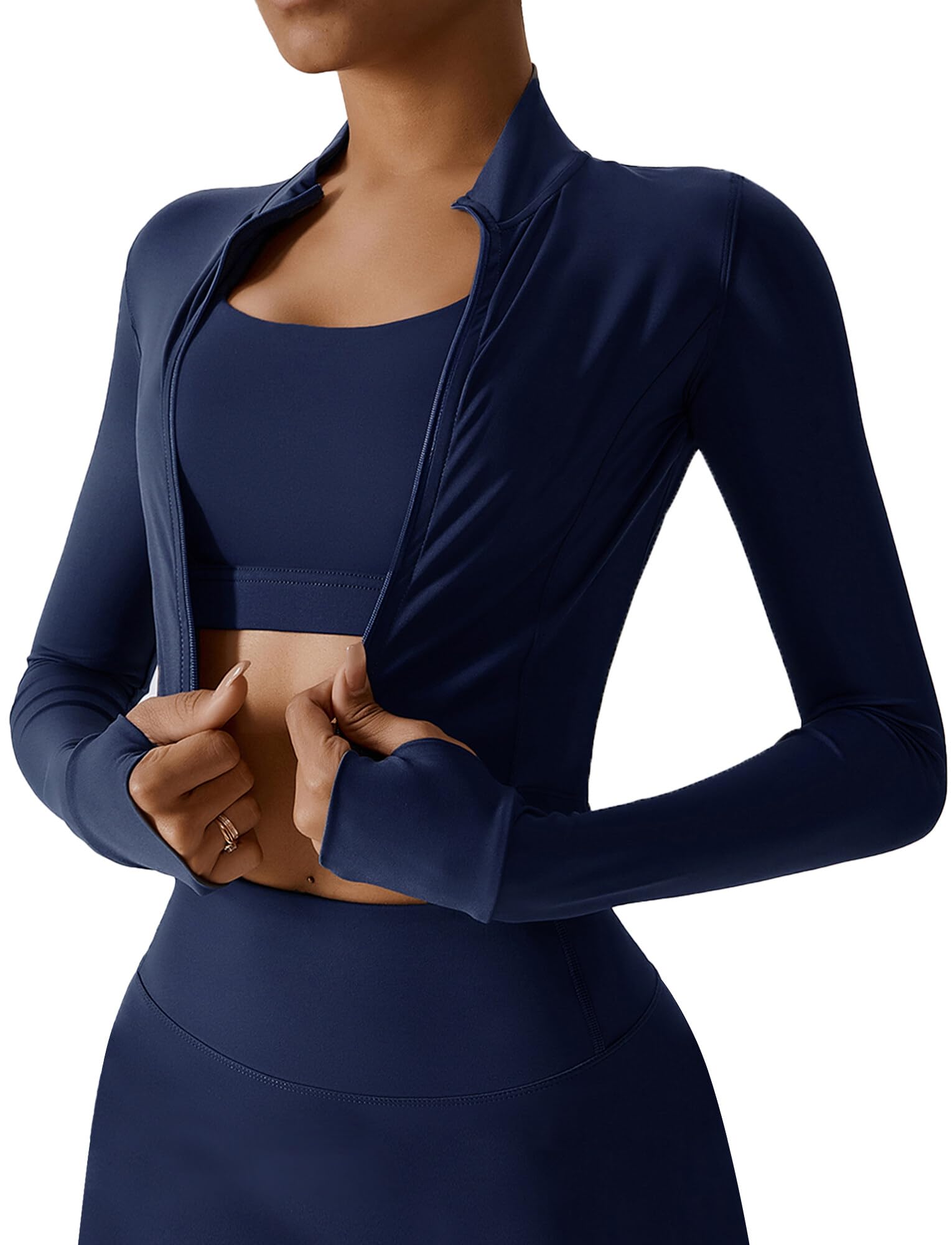 FEOYA Women Long Sleeve Full Zip Workout Crop Jacket Slim Fit Turtleneck Thumbhole Sports Track Jacket Ultra Short
