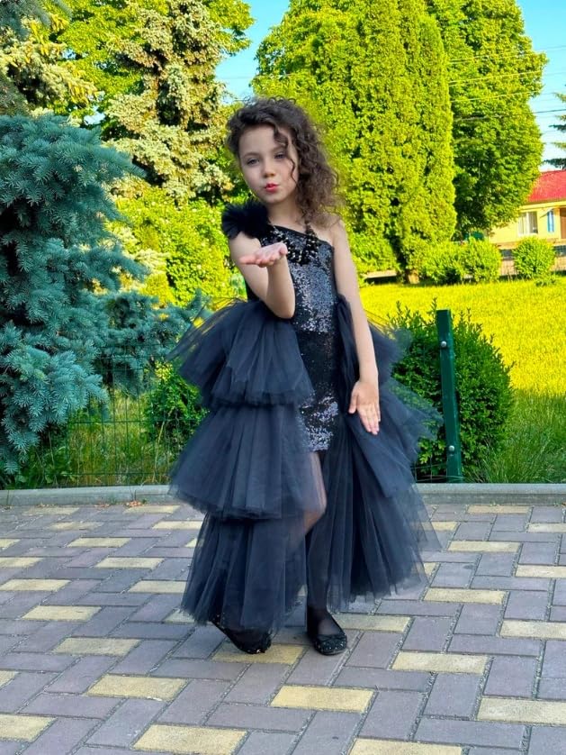 Sequin Pageant Dress One Shoulder Flower Girl Dresses Tiered Tulle Ball Gowns for Girls2