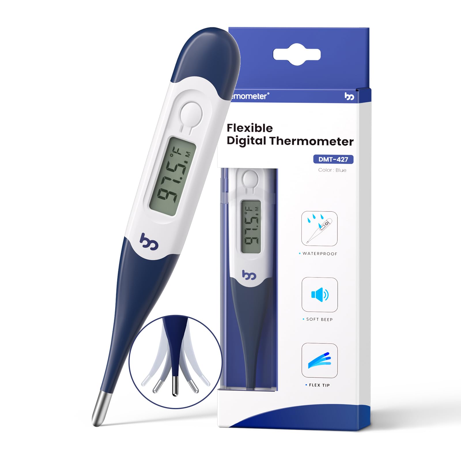 femometer Oral Thermometer for Adults and Kids Fast Accurate Oral Underarm Rectal Digital Thermometer with Flexible Tip Navy