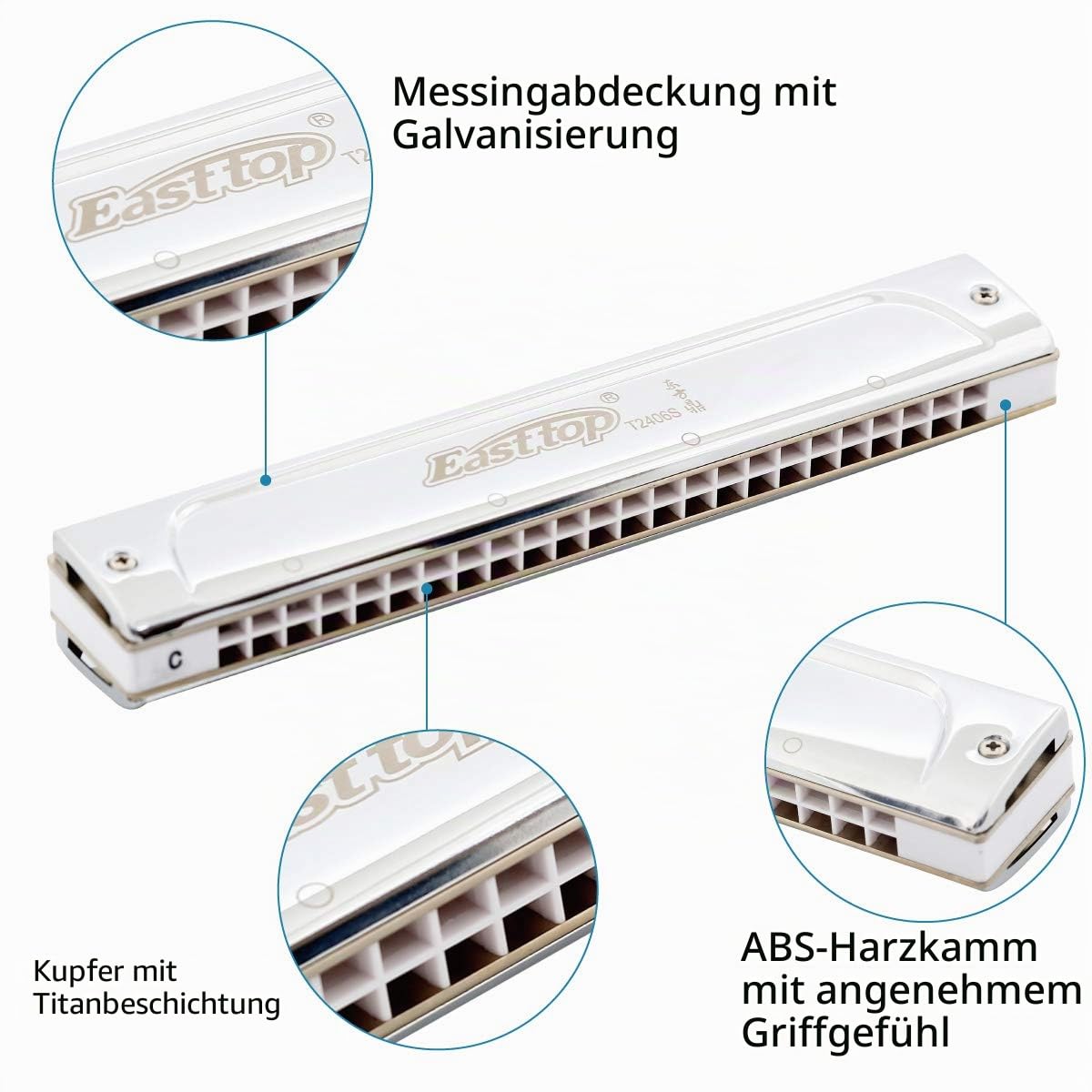 East Top Mundharmonika, Tremolo Mundharmonika Tonart C 24 Löcher T2406S Mundharmonika für Erwachsene, Profis, Anfänger und Studenten, als Geschenk (C)