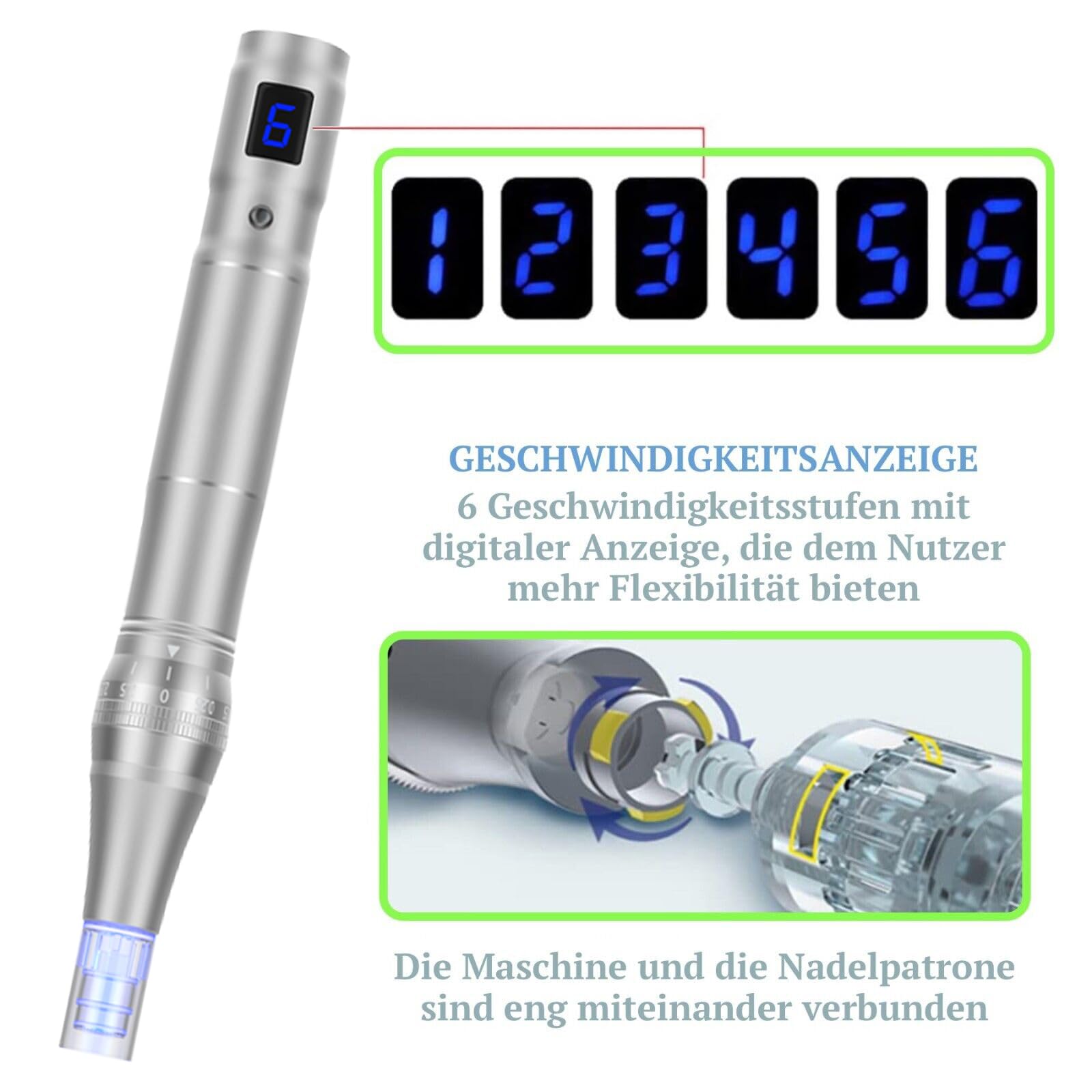 Dermapen Elektrische Microneedling Pen Micronadeln Pen 0-2,5mm mit LED Licht, Microneedle Haut Reparatur & Hyaluron Serum mit Vitamin C, E Hochkonzentriert, (Inkl. 24 Nadeln Patronen)